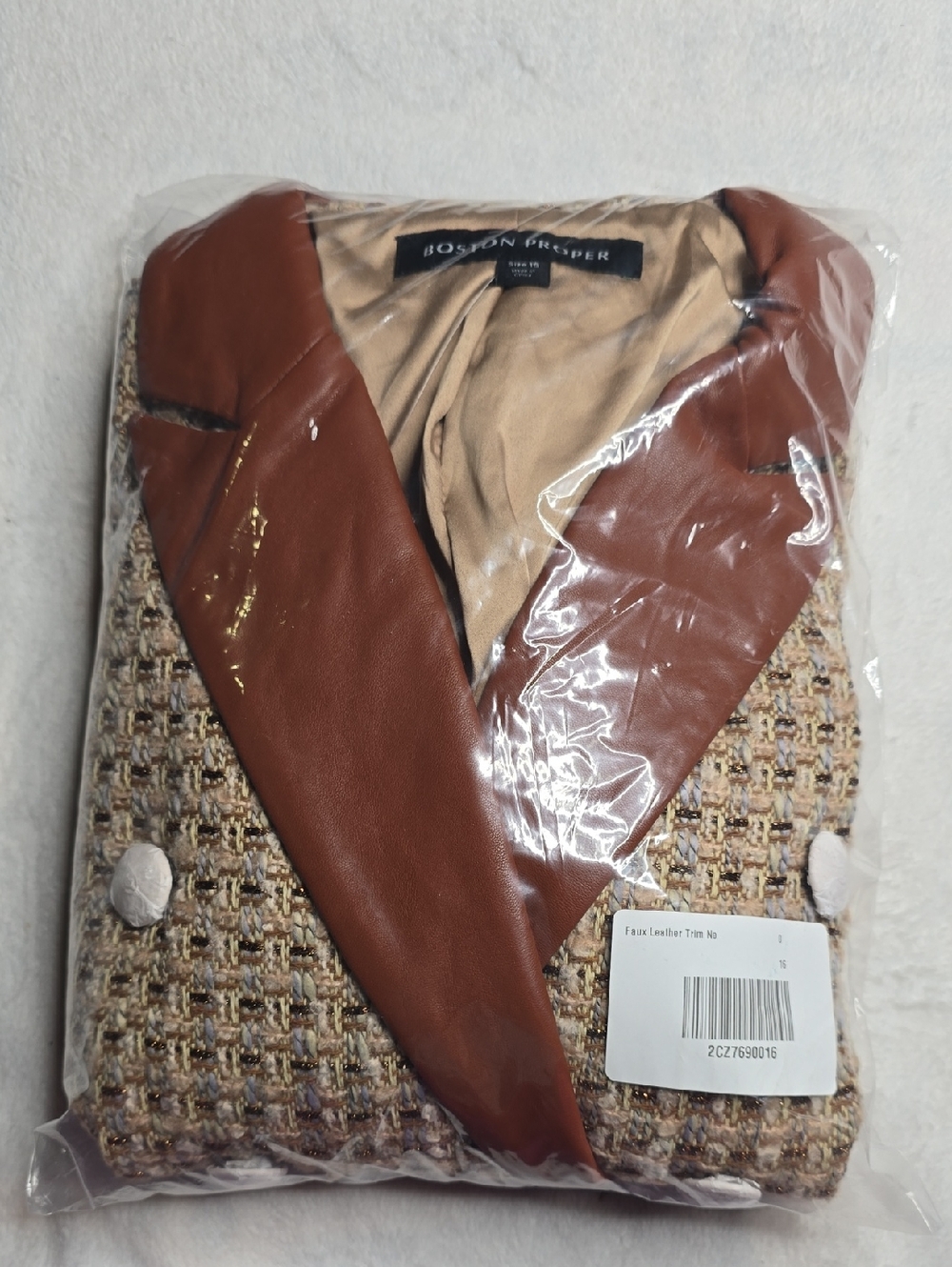 Boston Proper Faux Leather Trim Neutral Tweed Double Breasted Blazer Sz 16 NWT - Picture 4 of 9